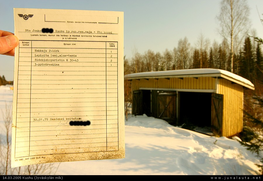 Kuohun resiinavajan sisältöä vuonna 1979
14.03.05 Kuvatuksi kuitataan 

Resiinavaja, kappaletta 1
Sormia, 3 
Lunta, paljon 
Aurinkoa, liikaa, lukumäärä 1 

Tämä lista pitäisi yhä vajasta löytyä...
Avainsanat: resiinavaja