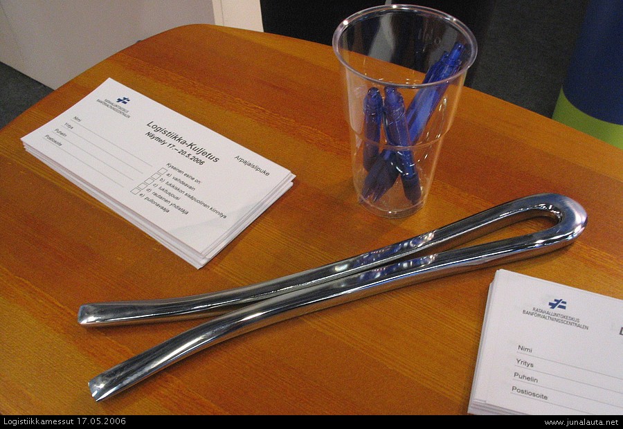 Mitä kuva esittää?
Logistiikkamessut 2006 ja RHK:n osasto. Kilpailutehtävänä oli arvata tai tunnistaa kuvassa näkyvä esine... Vaihtoehdot olivat A) vaihdeavain B) tukikiskon sisäpuolinen kiinitys C) lukitusjousi D) rautainen yhdistäjä E) pullonavaaja :)) 
Avainsanat: Logistiikkamessut2006
