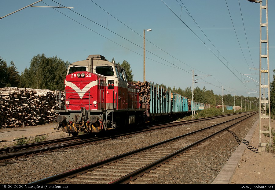 Naarajärven raakapuujuna 19.06.2006
Pieksämäen ykköspäivystäjällä (Dv12 2529) on aamupäivällä sopiva rakonen aikaa hakea Naarajärvellä lastauksessa ollut vaunuletka Pieksämäelle kello 07:50. Tässä on käynnissä vaunuletkan nosto ykkösraiteelle, kohtausraiteen oltua vielä puolivalmis ja poliisilla lukittu.
Avainsanat: Dv12_2529 raakapuujuna