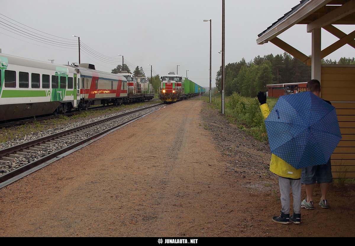 Junakohtaus Pellossa 22.06.2018 !!
OMG! OMG!!

Juhannuksen takia Kolarin yöjuna siirrettiin autovaunuja lukuun ottamatta Ouluun ja ajettiin taas Oulusta takaisin Kolariin. Kolarilaine saapui reippaasti ajoissa Pelloon, mutta jäi odottamaan tulotolpalle yöjunan saapumista sivuraiteelle - liikenteenohjaus kun on tänä päivänä automatisoitu hyvin pitkälle, ja junakohtaus Pellossa tapahtui niin kuin oli etukäteen ohjelmoitu tapahtuvaksi.
Avainsanat: MV11964 T5137 Dr16_2822 Dr16_2805 Dr16_2821 kolarilaine #harrastajaruuhka 20180622